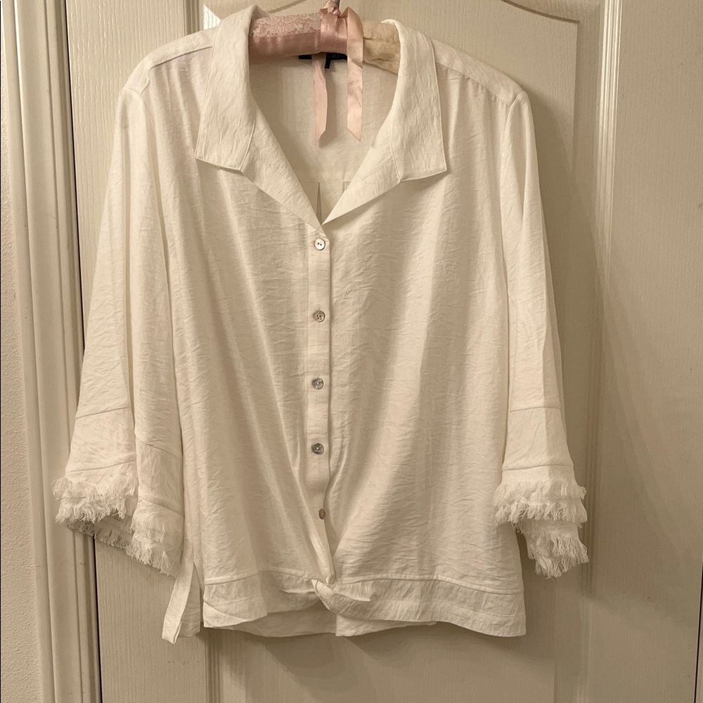 Boho Chic White Button Down Shirt with Fringe Details